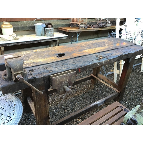 28 - LARGE VINT WORK BENCH WITH 2 VICES