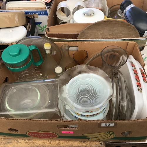 63 - 7 BOXES OF KITCHEN WARE TO INCLUDE PYREX SAUCEPANS ETC