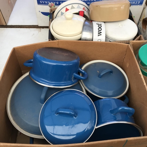 63 - 7 BOXES OF KITCHEN WARE TO INCLUDE PYREX SAUCEPANS ETC