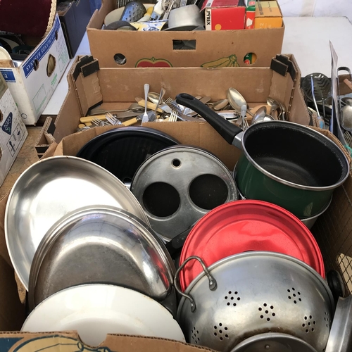 64 - 4 BOXES OF KITCHENWARE TO INCLUDE SAUCEPANS CUTLERY ETC