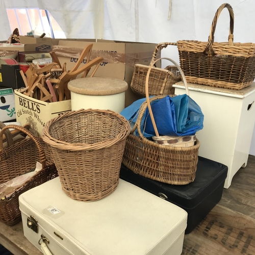 67 - 2 BOXES OF COAT HANGERS WICKER BASKETS, TRUG AND CASES ETC