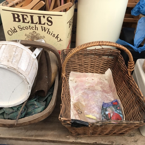 67 - 2 BOXES OF COAT HANGERS WICKER BASKETS, TRUG AND CASES ETC