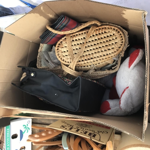 67 - 2 BOXES OF COAT HANGERS WICKER BASKETS, TRUG AND CASES ETC