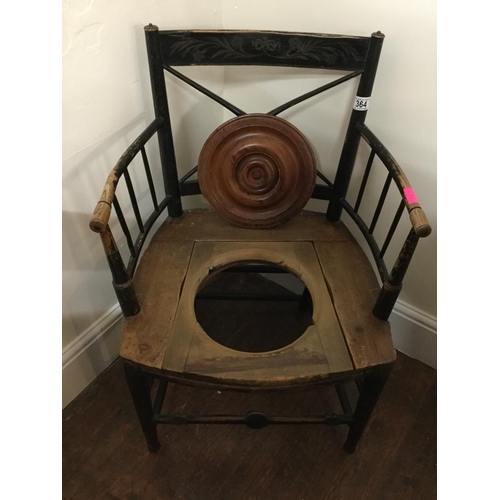 364 - EARLY OAK COUNTRY STYLE STRETCHERED COMMODE CHAIR WITH FITTED CUSHION