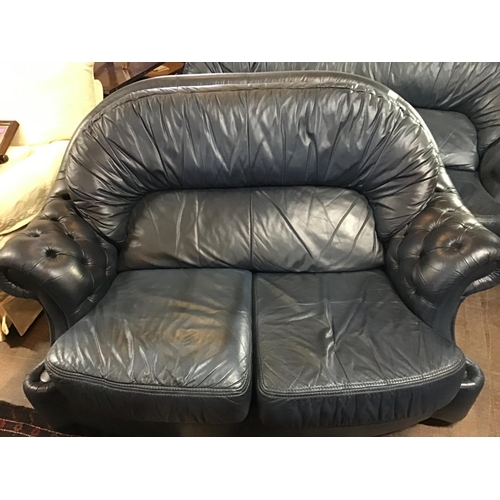 344 - BLUE LEATHER BUTTON BACKED CHESTERFIELD STYLE 3 SEATER & 2 SEATER SETTEES