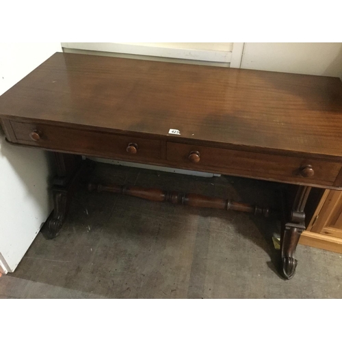 423 - VICTORIAN MAHOGANY STRETCHERED WRITING TABLE WITH 2 DRAWERS