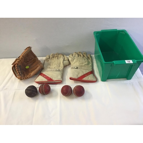 15 - PAIR OF WICKET KEEPERS GLOVES, 4 VINTAGE CRICKET BALLS AND A GEORGE BRET WILSON BASEBALL GLOVE