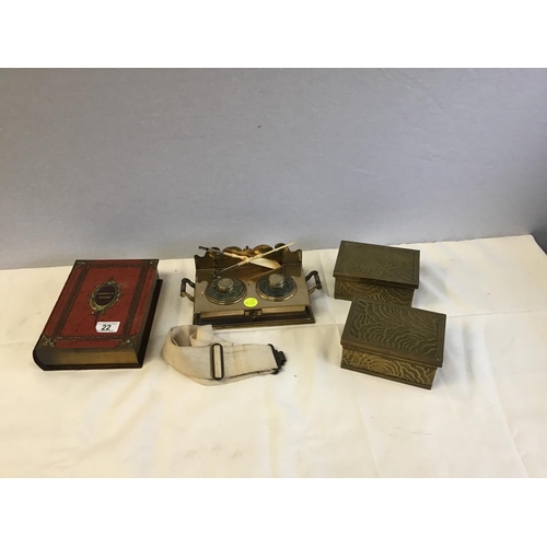 22 - BRASS & COPPER DOUBLE INKWELL C/W STANHOPE BONE DIP PENS, MILITARY BELT, 3 TINS