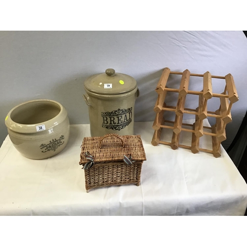 38 - LAMBETH DOULTON BREAD PAN, BREAD BIN, WICKER BASKET & WINE RACK