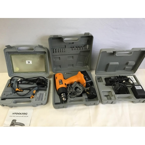 39 - ELECTRIC STAPLE GUN, ELECTRIC JIGSAW, RECHARGEABLE BATTERY DRILL ALL WORKING ORDER