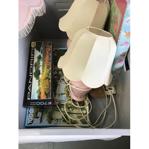 46 - BOX OF STUDIO POTTERY LAMP BASES, CRATE OF LAMP SHADES, LARGE WHISKY BOTTLES ETC