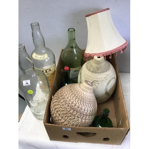 46 - BOX OF STUDIO POTTERY LAMP BASES, CRATE OF LAMP SHADES, LARGE WHISKY BOTTLES ETC