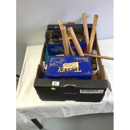 61 - BOX OF TOOLS TO INCLUDE HAMMERS, SPANNERS ETC  AND CRATE OF TOOLS