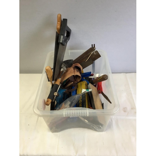 61 - BOX OF TOOLS TO INCLUDE HAMMERS, SPANNERS ETC  AND CRATE OF TOOLS