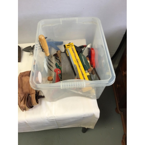 61 - BOX OF TOOLS TO INCLUDE HAMMERS, SPANNERS ETC  AND CRATE OF TOOLS