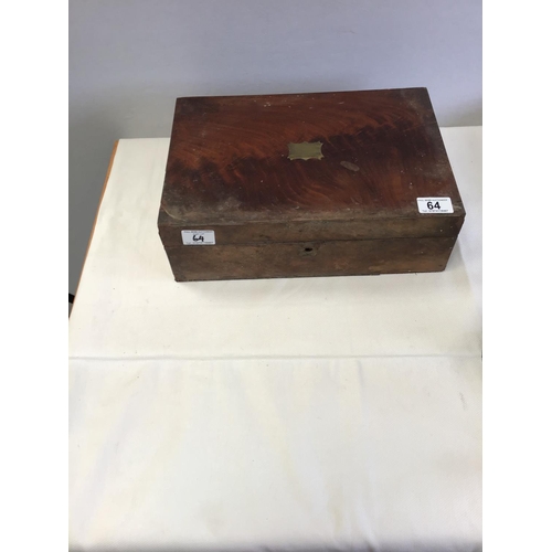 64 - MAHOGANY CUTLERY BOX & VICTORIAN WRITING BOX A/F KITCHEN SCALES & WEIGHTS & METAL CAT