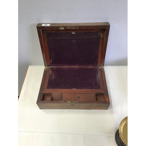 64 - MAHOGANY CUTLERY BOX & VICTORIAN WRITING BOX A/F KITCHEN SCALES & WEIGHTS & METAL CAT