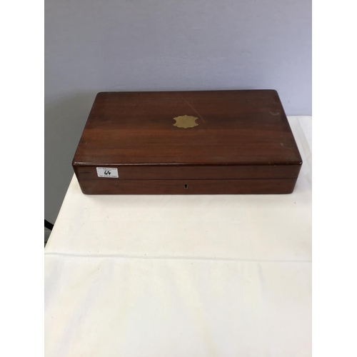 64 - MAHOGANY CUTLERY BOX & VICTORIAN WRITING BOX A/F KITCHEN SCALES & WEIGHTS & METAL CAT