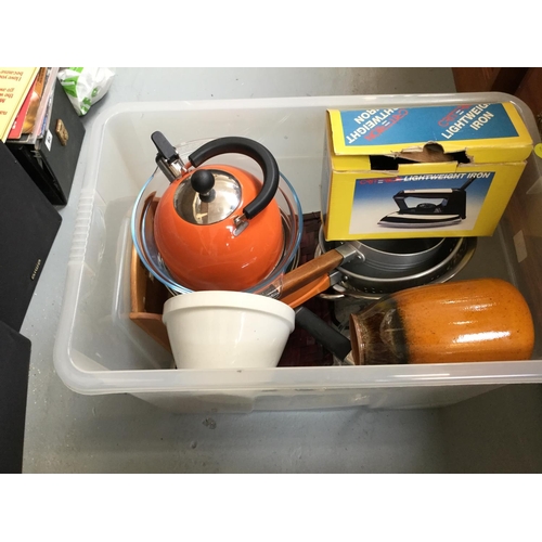 71 - 2 CRATES OF KITCHENWARE TO INCLUDE SAUCEPANS, ELECTRIC IRON ETC