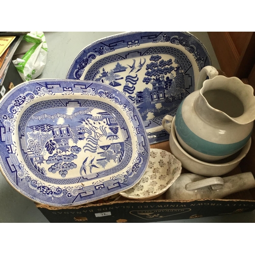 72 - 3 BOXES OF VICTORIAN CHINA TO INCLUDE WILLOW PATTERN MEAT PLATES, JUG & BOWLS ETC