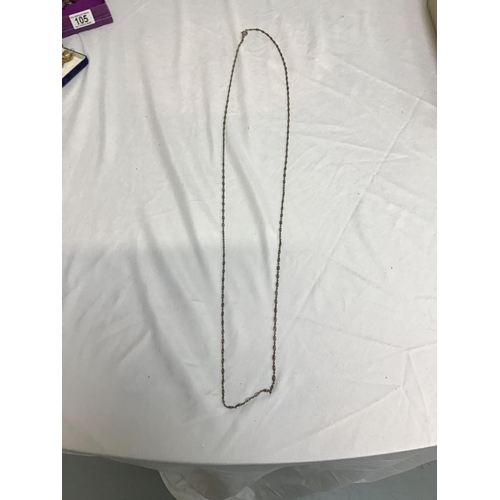 105 - SILVER NECKLACE, WATCHCHAIN WITH SILVER T BAR & CLIP, SILVER CHARM BRACELET & PAIR OF HOOP EARRINGS