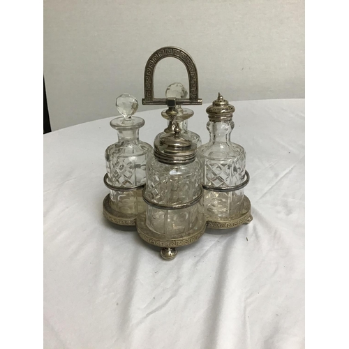 107 - SILVER PLATED CUT GLASS 4 STEM EPERGNE A/F AS 2 TRUMPETS DAMAGED - 4 BOTTLE CRUET, HALLMARKED SILVER... 