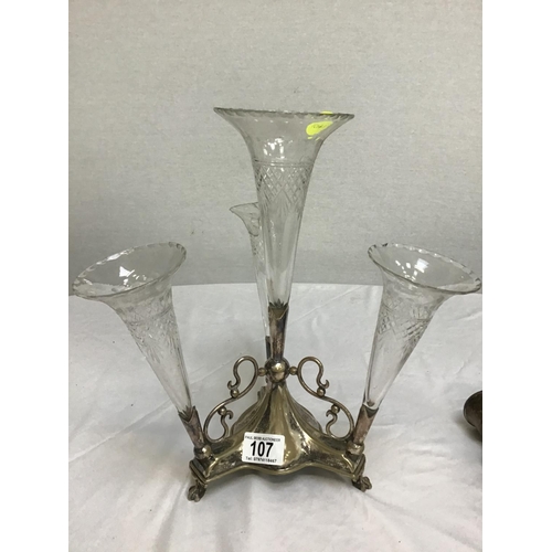 107 - SILVER PLATED CUT GLASS 4 STEM EPERGNE A/F AS 2 TRUMPETS DAMAGED - 4 BOTTLE CRUET, HALLMARKED SILVER... 