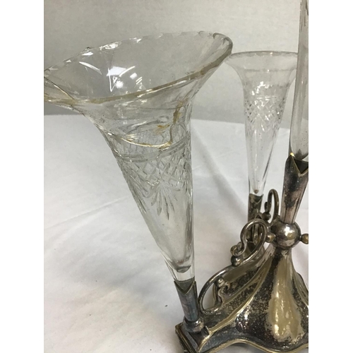 107 - SILVER PLATED CUT GLASS 4 STEM EPERGNE A/F AS 2 TRUMPETS DAMAGED - 4 BOTTLE CRUET, HALLMARKED SILVER... 