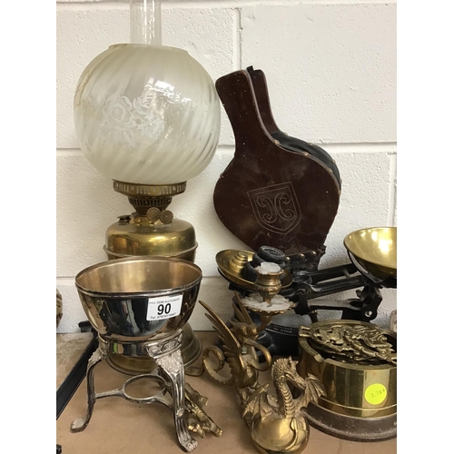 90 - QTY OF BRASS & SILVER PLATED ITEMS TO INCLUDE TEA & COFFEE SET ON TRAY, SCALES & WEIGHTS ETC