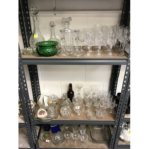 91 - QTY OF GLASSWARE TO INCLUDE DECANTERS, DRESSING TABLE SET ETC (Shelves not included)