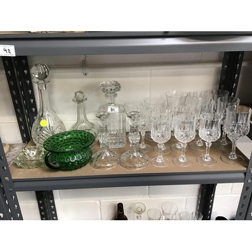 91 - QTY OF GLASSWARE TO INCLUDE DECANTERS, DRESSING TABLE SET ETC (Shelves not included)