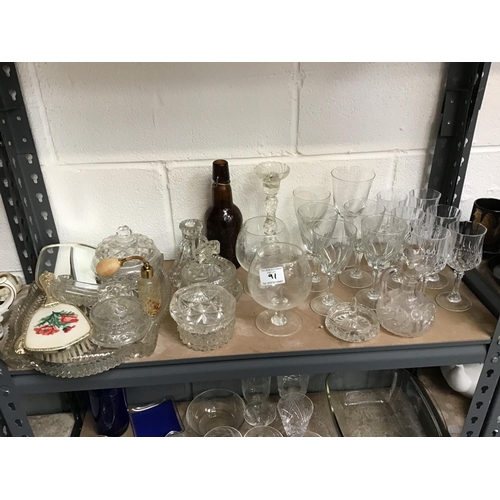 91 - QTY OF GLASSWARE TO INCLUDE DECANTERS, DRESSING TABLE SET ETC (Shelves not included)