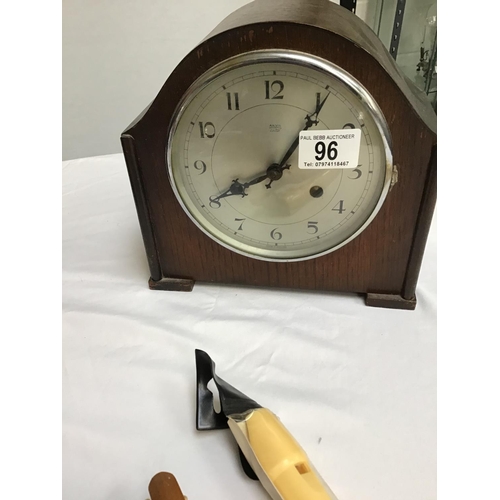 96 - TWO MANTEL CLOCKS , CUTLERY , CRIBBAGE BOARD ETC