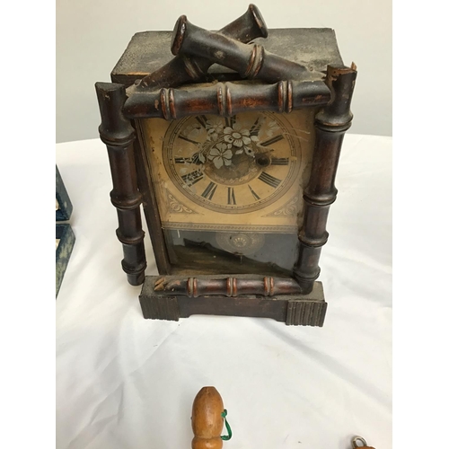 96 - TWO MANTEL CLOCKS , CUTLERY , CRIBBAGE BOARD ETC