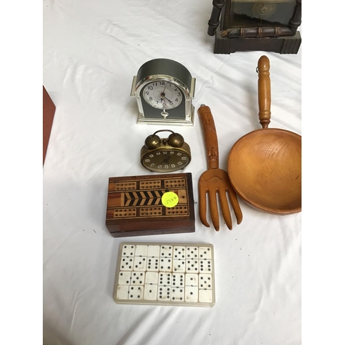 96 - TWO MANTEL CLOCKS , CUTLERY , CRIBBAGE BOARD ETC