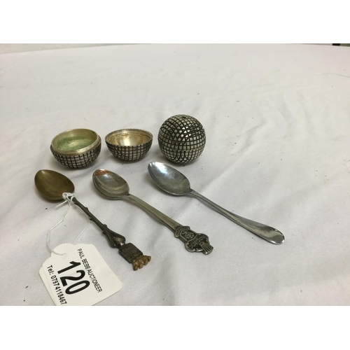 120 - QTY SPOONS & 2 EPNS GOLF BALL SALT & PEPPER