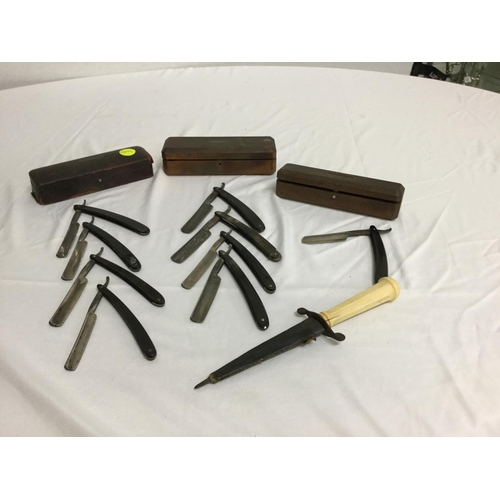 124 - 3 BOXES WITH CUT THROAT RAZORS AND EARLY BONE HANDLED DAGGER IN SHEATH A/F