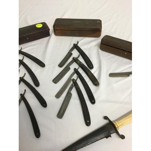 124 - 3 BOXES WITH CUT THROAT RAZORS AND EARLY BONE HANDLED DAGGER IN SHEATH A/F