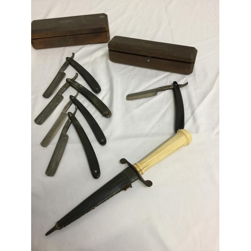 124 - 3 BOXES WITH CUT THROAT RAZORS AND EARLY BONE HANDLED DAGGER IN SHEATH A/F