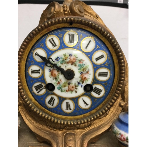 127 - VICTORIAN FRENCH GILT MANTEL CLOCK WITH HAND PAINTED PORCELAIN PANELS & SUPPORTS A/F