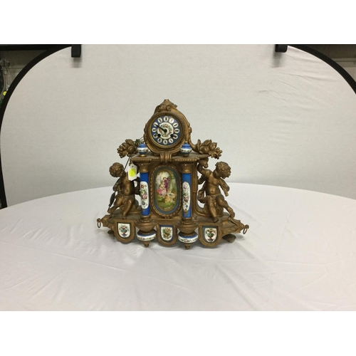 127 - VICTORIAN FRENCH GILT MANTEL CLOCK WITH HAND PAINTED PORCELAIN PANELS & SUPPORTS A/F