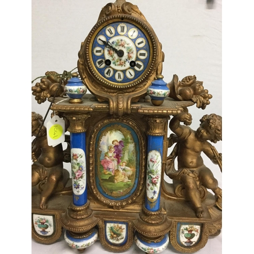 127 - VICTORIAN FRENCH GILT MANTEL CLOCK WITH HAND PAINTED PORCELAIN PANELS & SUPPORTS A/F