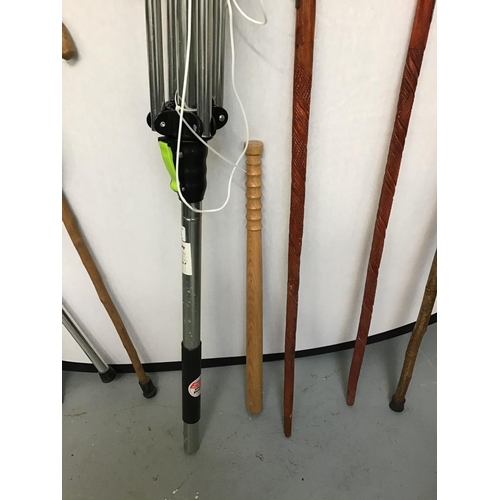 133 - QTY OF WALKING STICKS, TRUNCHEON AND NEW ROTARTY CLOTHES LINE