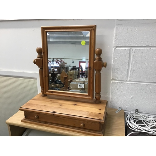 137 - WAXED PINE FREESTANDING DRESSING TABLE MIRROR WITH DRAWER