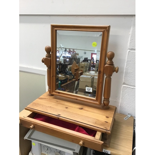 137 - WAXED PINE FREESTANDING DRESSING TABLE MIRROR WITH DRAWER