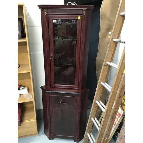 143 - MODERN MAHOGANY EFFECT GLAZED CORNER CABINET