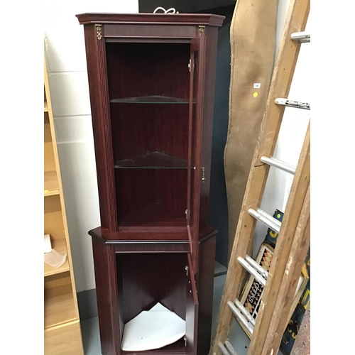 143 - MODERN MAHOGANY EFFECT GLAZED CORNER CABINET