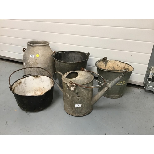 150 - VINTAGE MILK CHURN, WATERING CAN, BUCKETS, JAM PAN