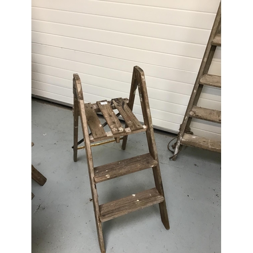 154 - 3 WOODEN FOLDING STEP LADDERS & FOLDING CHAIR