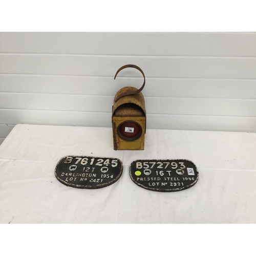 176 - 2 CAST IRON WAGON PLATES & ROAD LAMP